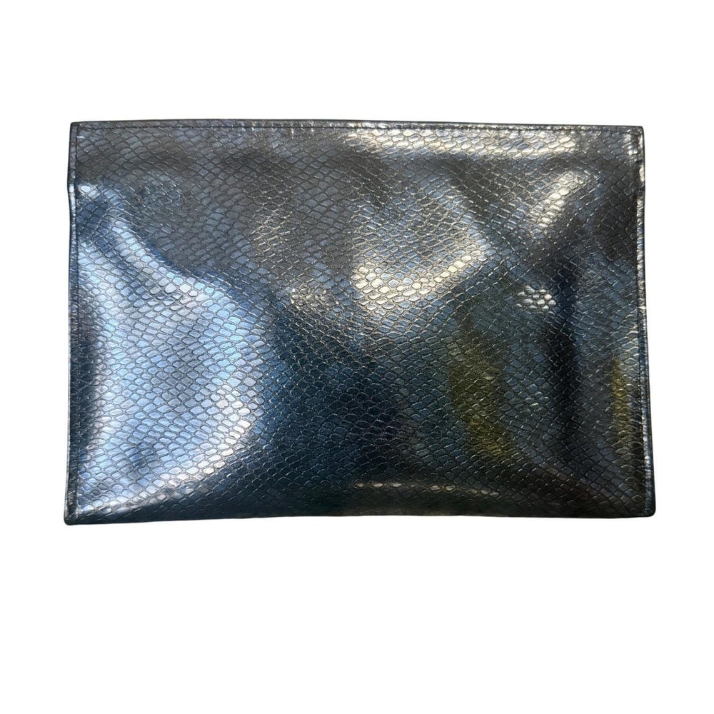 Vintage Faux Leather Makeup Bag Navy Blue Cosmetic Case Animal Print Gold 1980s - Picture 2 of 5